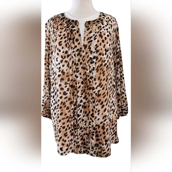 Calvin Klein Leopard Print Pintuck Tunic Long Sleeve Blouse Top Women's 18W 20W - Picture 2 of 12